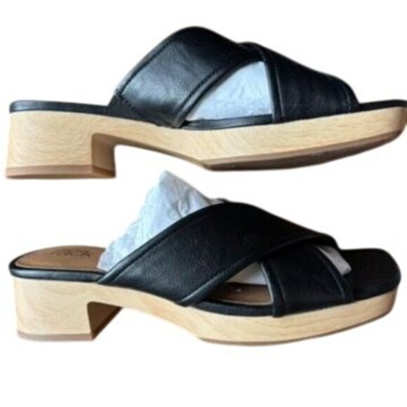 Nordstrom Rack Black Leather Crisscross Open-Toe Slip-On Sandals With Wooden Blo - Picture 8 of 10
